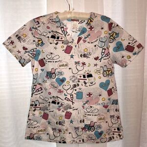 Dickies XS Cotton White Blue Yellow Red Black Medical Print Scrub Top